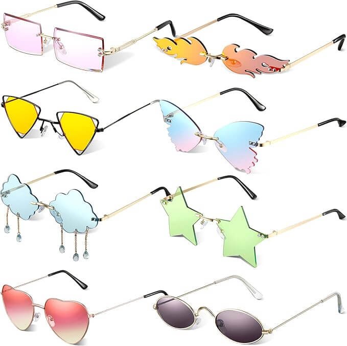 8-Pack Funky Rimless Sunglasses – Heart, Flame, Star, Cloud & Butterfly Frames (Vibrant Set)