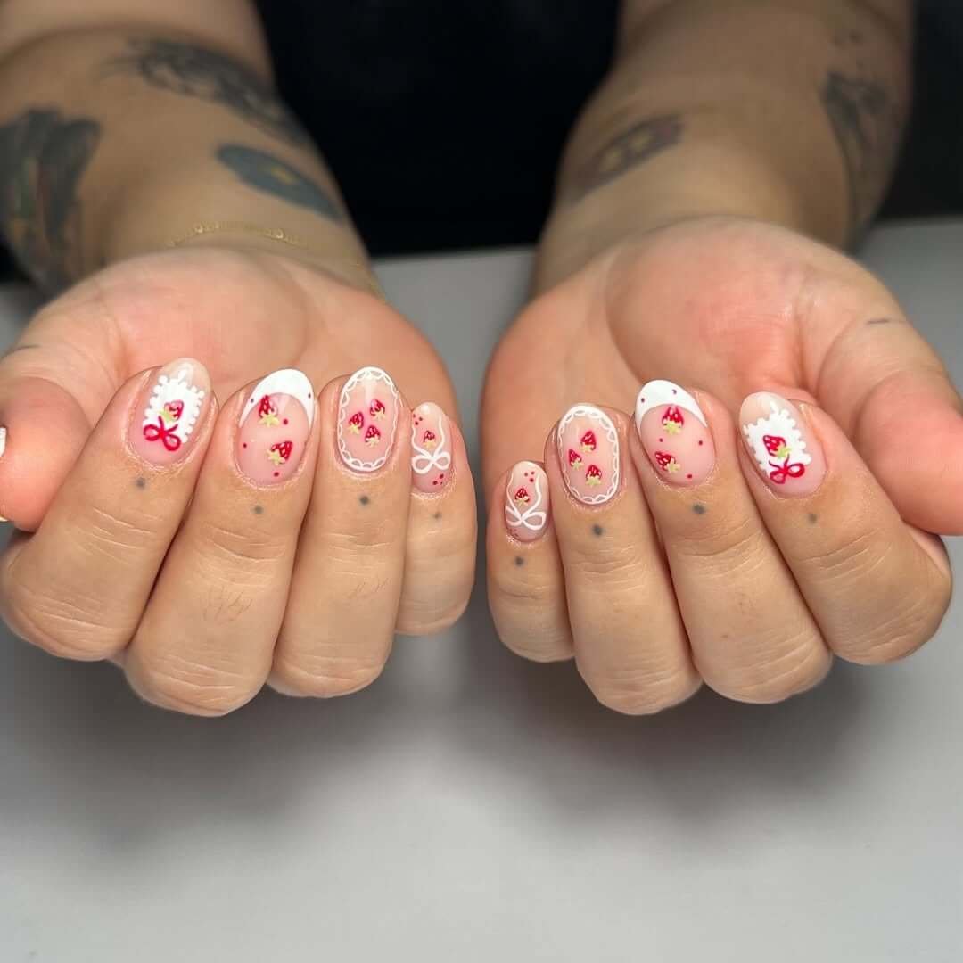 Almond nails with strawberry art, scalloped edges, and pink bows for a kawaii cottagecore look.