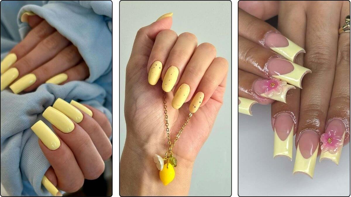 butter yellow nail design ideas close up